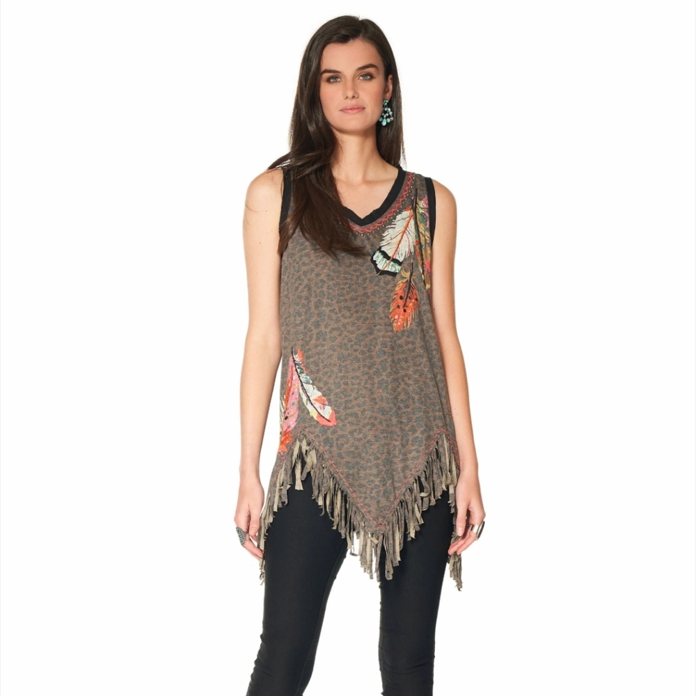 Double D Ranch | Three Feathers Leopard Asymmetric Fringe Tank Size 2X